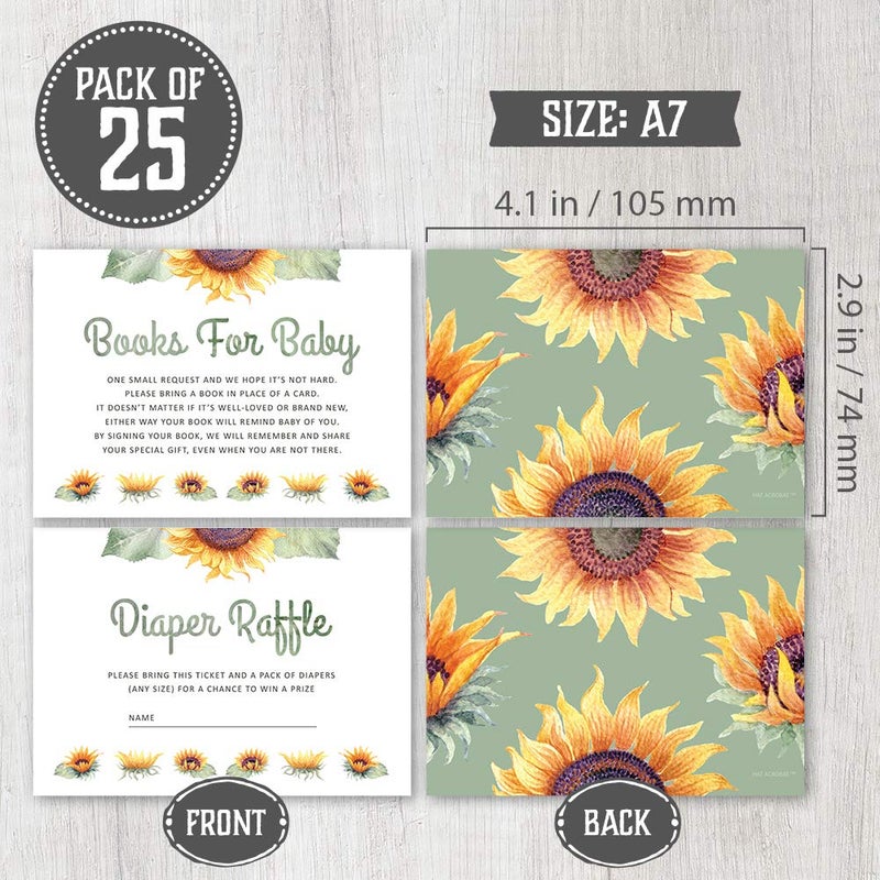 Hat Acrobat Set of 25 Sunflower Baby Shower Invitations for Girl - Baby Girl Shower Invitations with Envelopes, Diaper Raffle Tickets & Book Request Cards - Sunflower Theme Baby Shower Invitations Girl 25 Count - Image 3